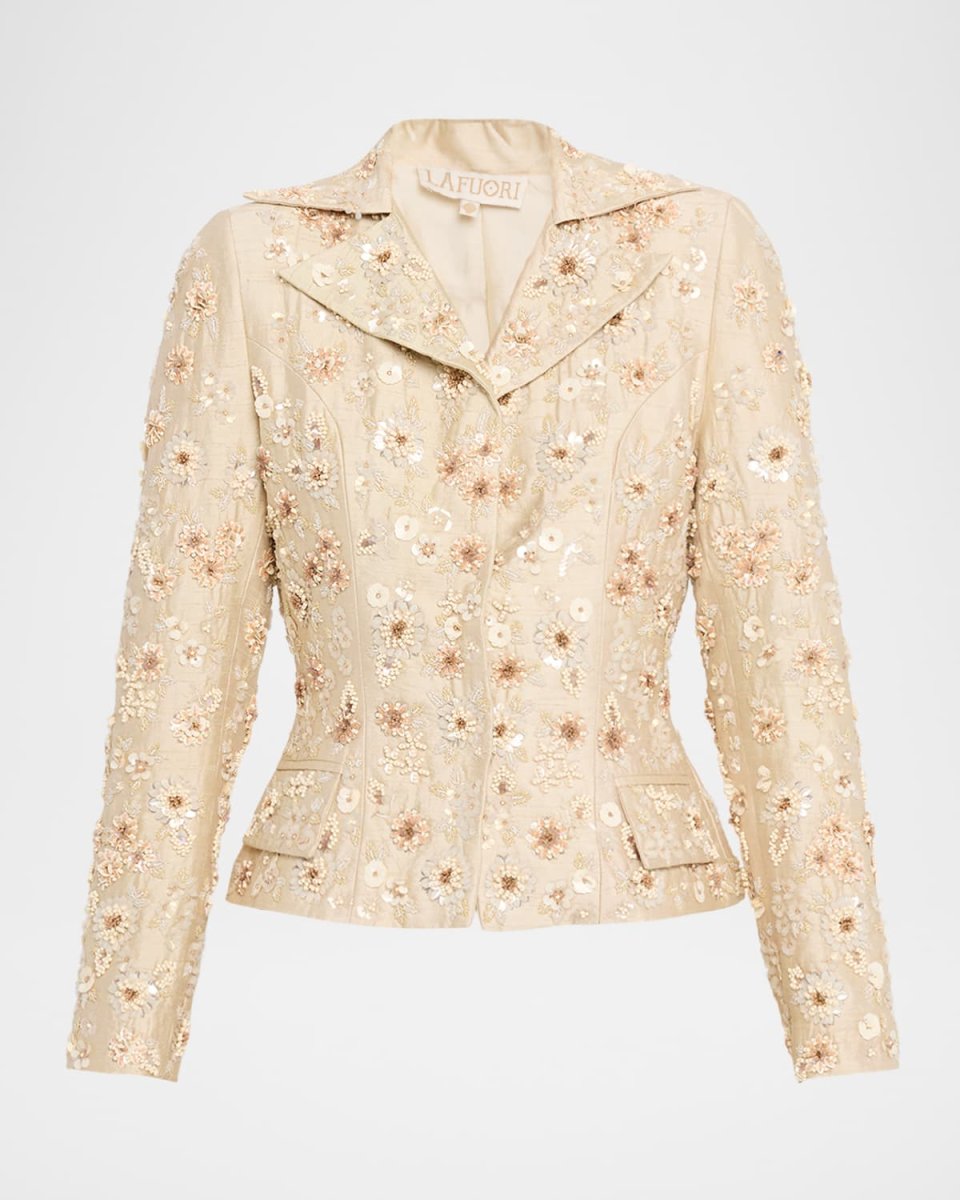 Floral Embroidered Single-Breasted Silk Blaz